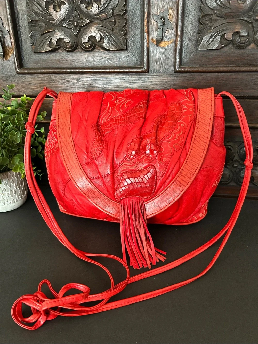 Viva of California Vintage Red Leather Fringe Shoulder Bag with Embossed Detail